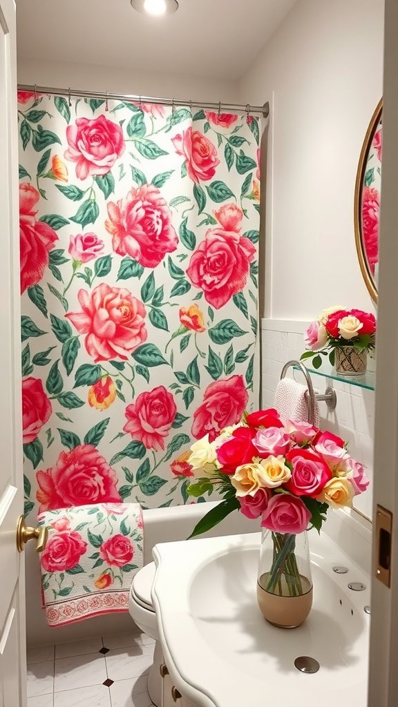 A small bathroom featuring a floral shower curtain and a bouquet of roses on the sink.