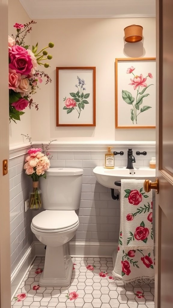 A small bathroom decorated with floral elements including wall art and flowers in a vase.