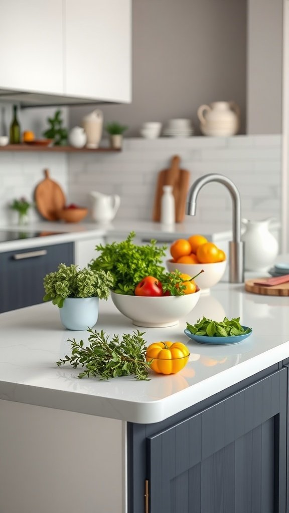 Stylish kitchen peninsula with fresh herbs and fruits on the countertop