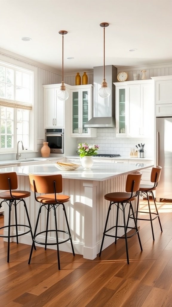A bright kitchen with a board and batten peninsula, featuring stylish bar stools, pendant lighting, and warm wood flooring.