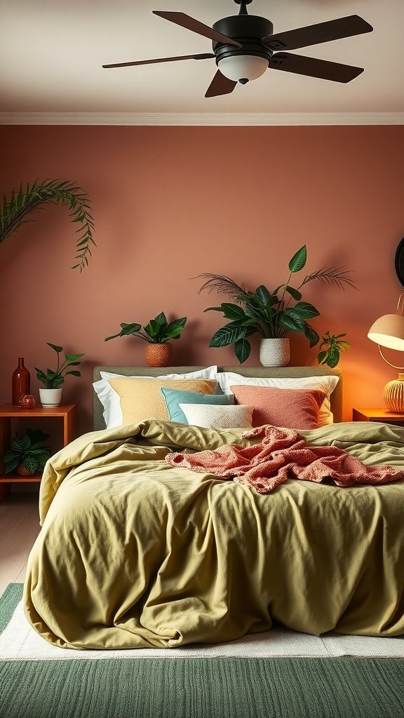 Stylish bedroom featuring terracotta walls, green bedding, and indoor plants