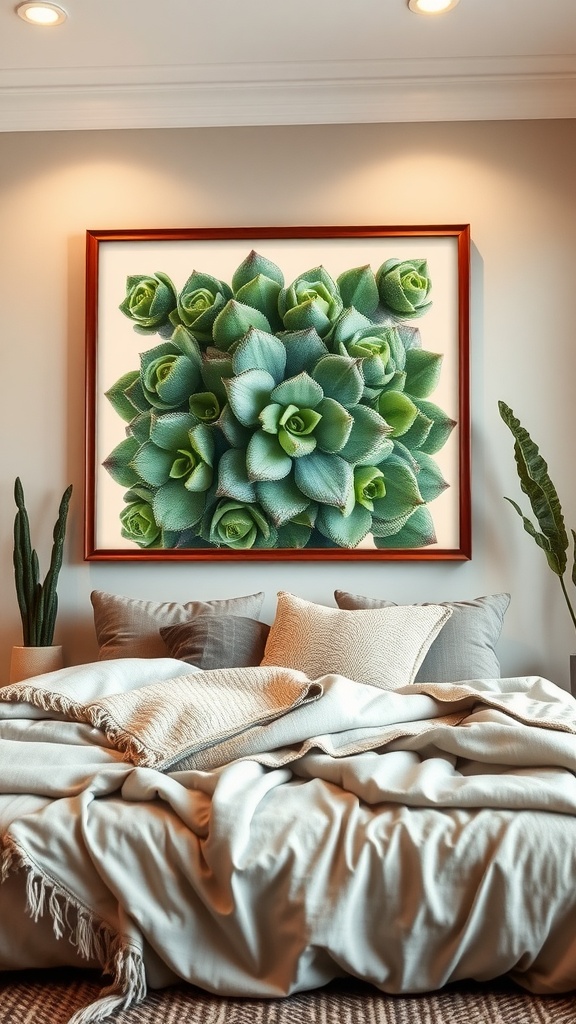A vibrant succulent wall art piece framed above a cozy bed in a Boho themed bedroom