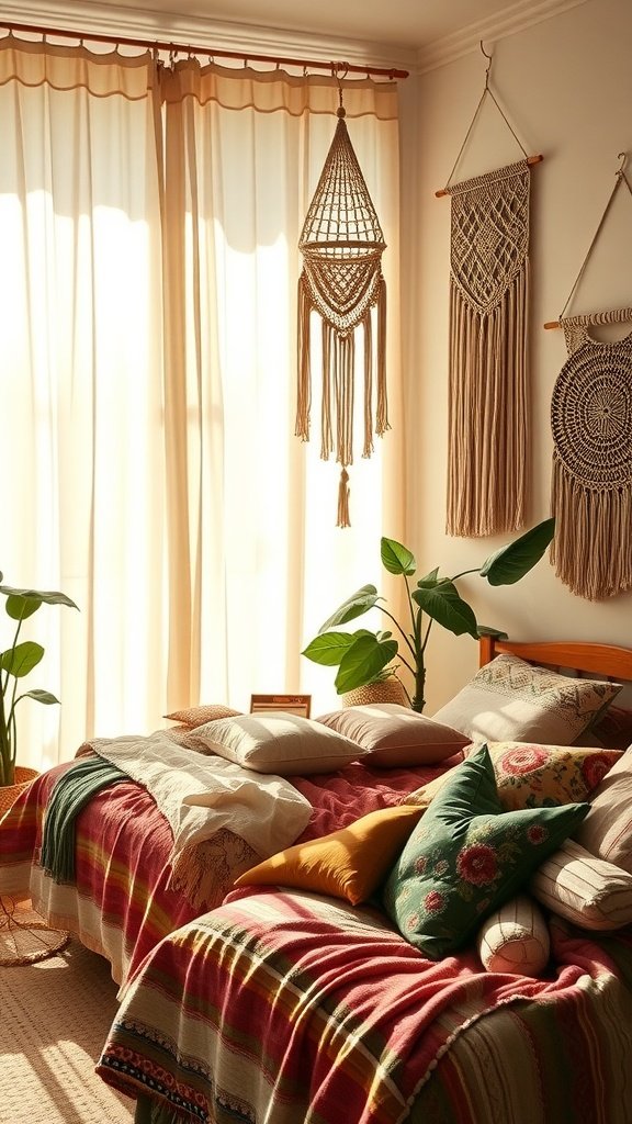A cozy bohemian bedroom with sunlight streaming through sheer curtains, featuring colorful pillows, macramé wall hangings, and plants.