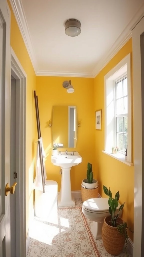 Small bathroom with sunny yellow walls, a pedestal sink, a toilet, and greenery.