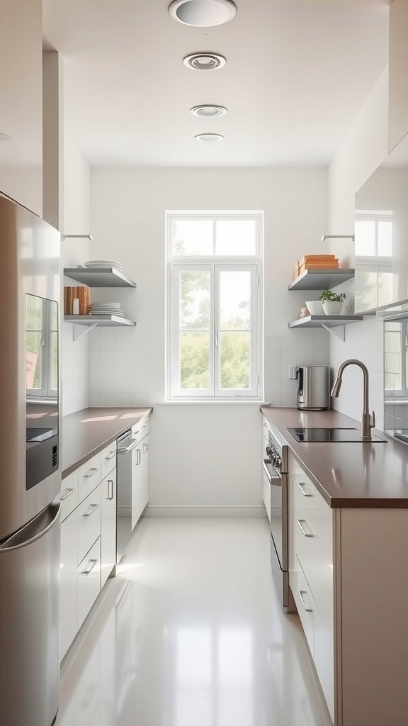 A modern galley kitchen with white cabinets, open shelving, and natural light from a window.