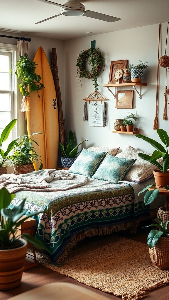 A boho-inspired bedroom featuring a surfboard, plants, and colorful bedding.