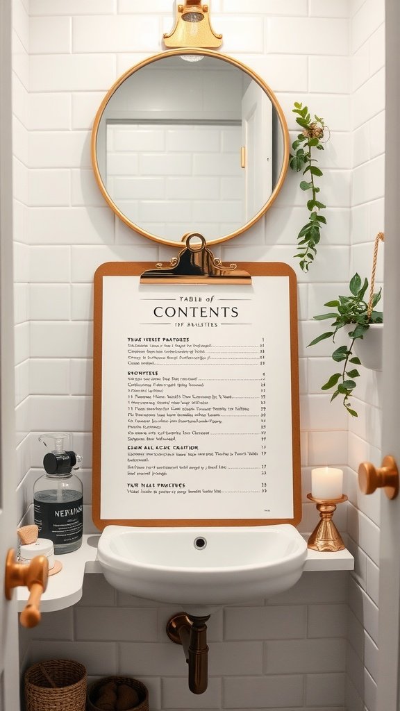 A small bathroom featuring a round mirror, a clipboard with 'Table of Contents' displayed, a candle, and decorative plants.