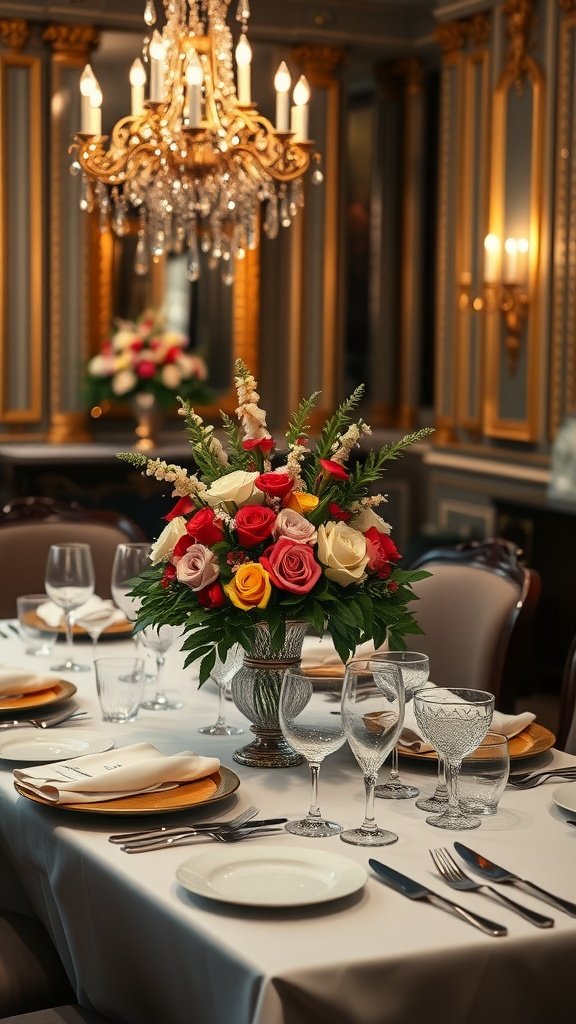 A luxurious Italian dining room table setting with a floral centerpiece and elegant tableware.
