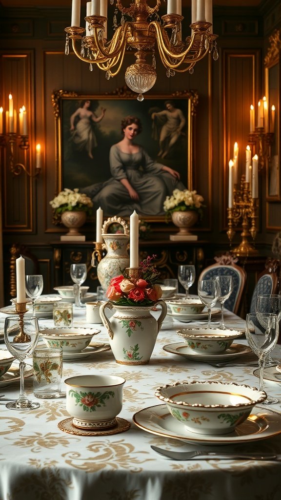 A luxurious Italian dining room table setting featuring ornate porcelain dishes, crystal glassware, and a beautiful floral centerpiece.