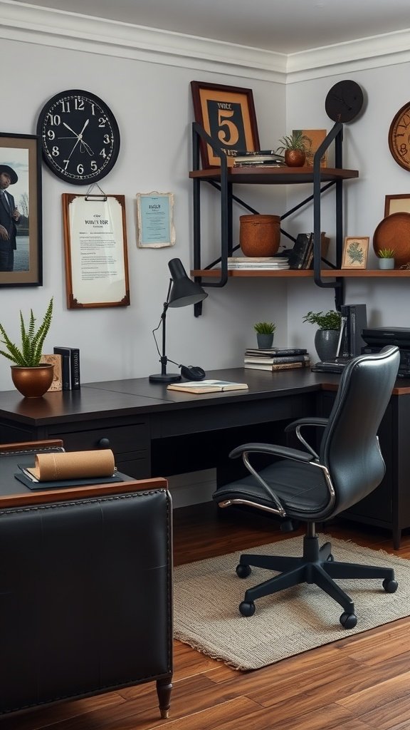 Masculine home office with dark wood desk, black chair, wall art, and plants.