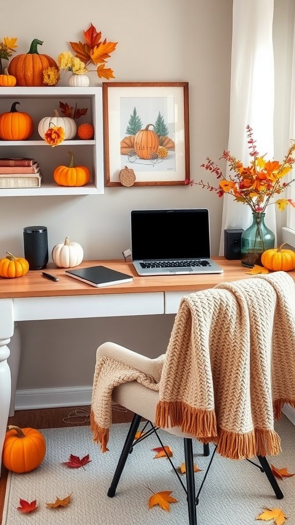Cozy fall home office with pumpkins, autumn leaves, and modern tech