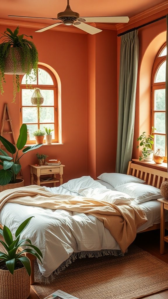A terracotta and green themed bedroom featuring a cozy bed, plants, and warm decor.