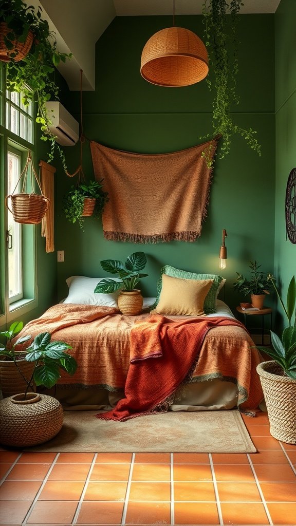 A cozy bedroom featuring terracotta tiles and green walls, accented with plants and warm textiles.