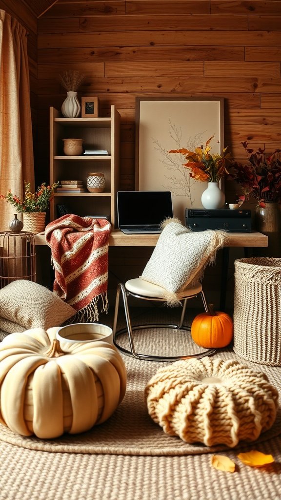 Cozy fall home office with wooden walls, a desk with a laptop, knitted poufs, and decorative pumpkins.
