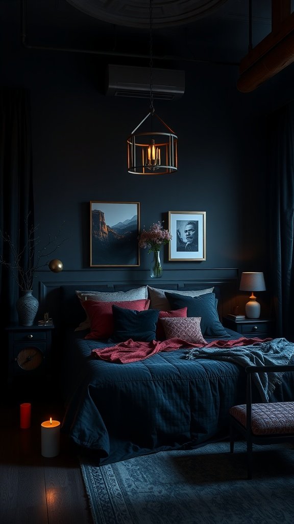 A dark and moody bedroom featuring deep colors, soft textures, and warm lighting.