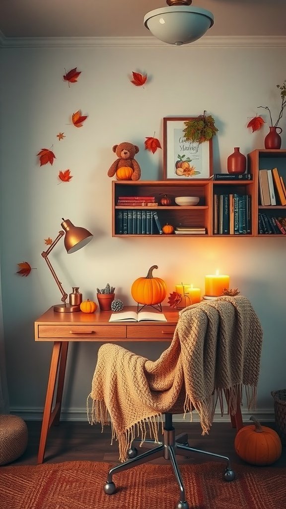 A cozy fall home office featuring a wooden desk with pumpkins, a teddy bear, candles, and autumn leaves decor.