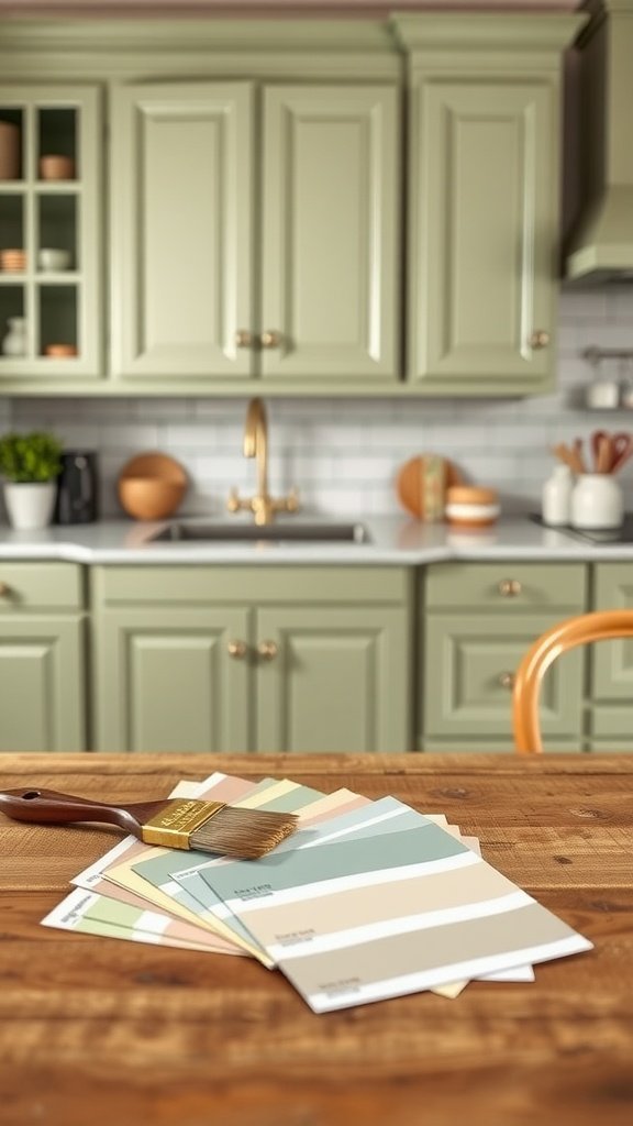 Sage green kitchen cabinets with paint swatches on a wooden table