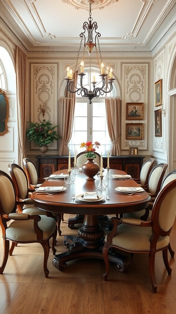 Luxurious Italian dining room featuring an elegant round wooden table with cushioned chairs, set with fine china and candles.