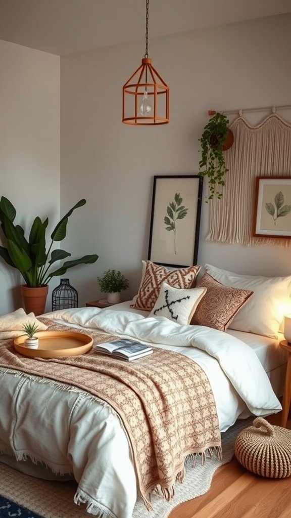 A cozy boho bedroom featuring warm tones, textured pillows, and plants, showcasing minimalist design details.
