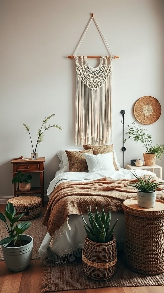 A cozy Boho bedroom featuring a macramé wall hanging, plants, and textured bedding.