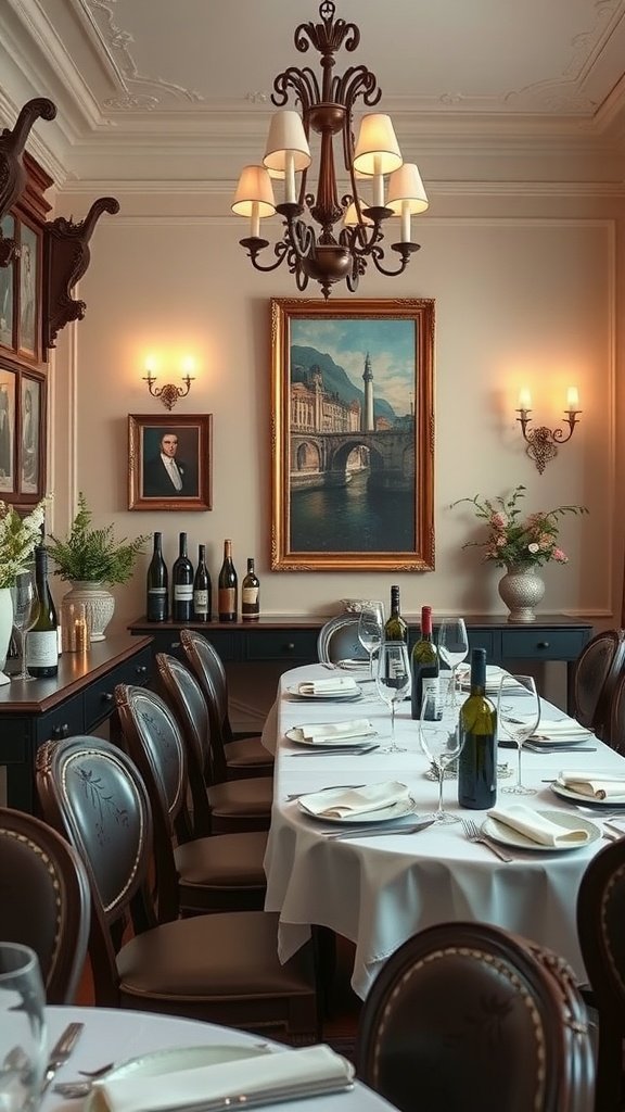 Luxurious Italian dining room with elegant seating, beautiful artwork, and a well-set table.