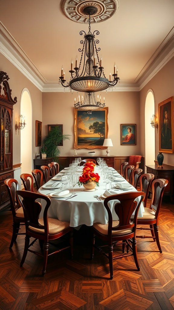 Luxurious Italian dining room with a grand chandelier and elegantly set table