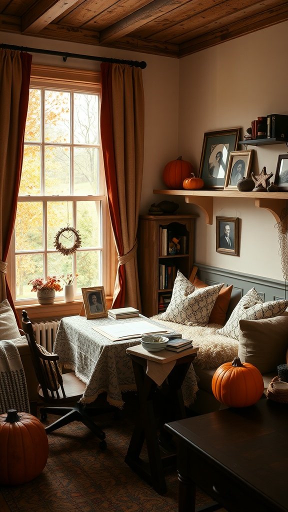 Cozy fall home office with pumpkins, warm curtains, and autumn scenery