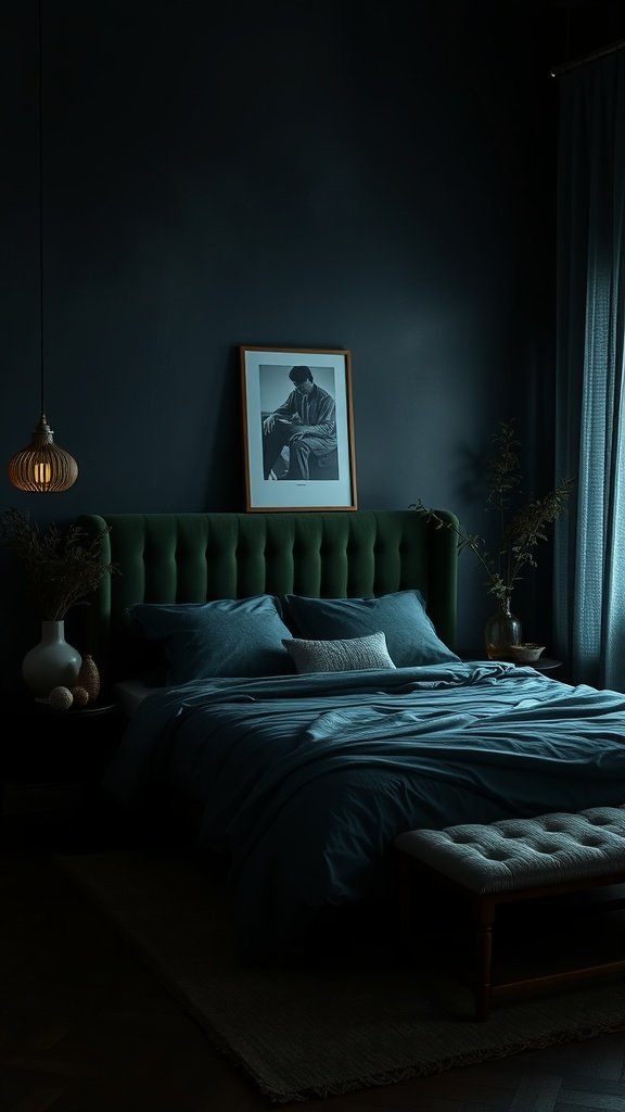 Dark and moody bedroom featuring a green headboard, blue bedding, and soft lighting.