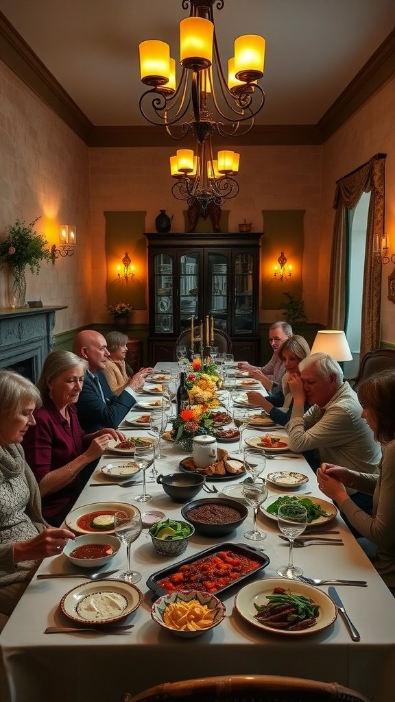 A luxurious Italian dining room filled with family gathered around a table enjoying a meal.