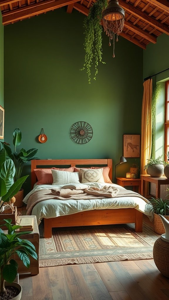 A cozy rustic bedroom with green walls, wooden furniture, and terracotta accents.