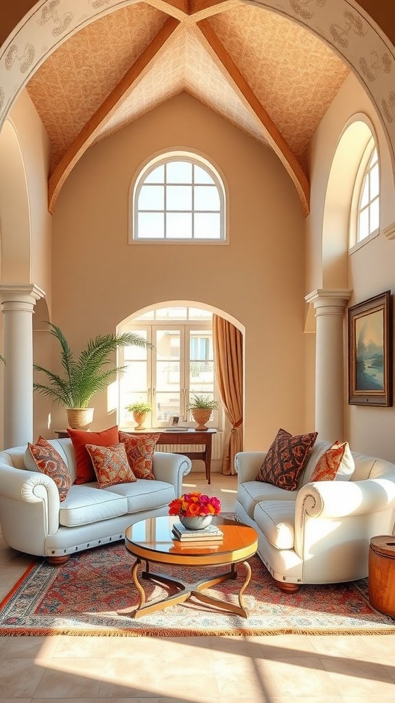 Mediterranean style living room with two white sofas and arched ceiling