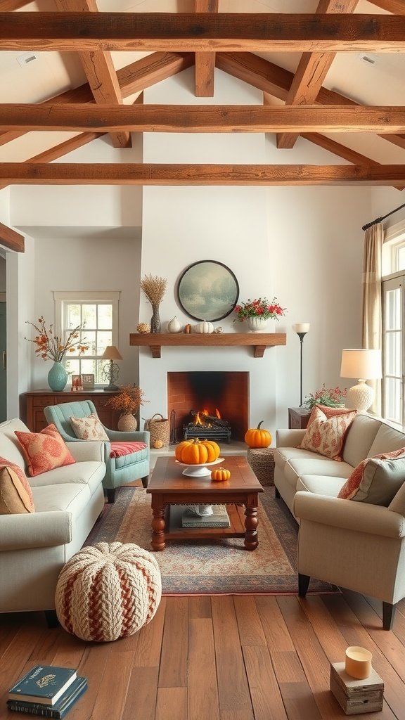 Cozy fall living room with pumpkins, wooden beams, and a fireplace