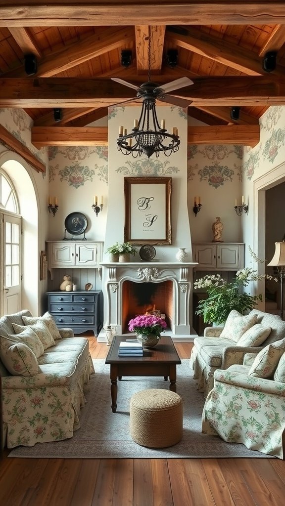 Cozy French country living room with floral sofas, wooden beams, and a fireplace.