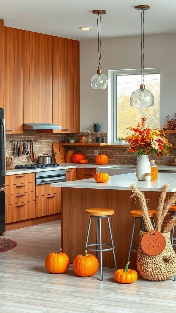 A cozy mid-century modern kitchen with wooden cabinets, pumpkins, and warm lighting.