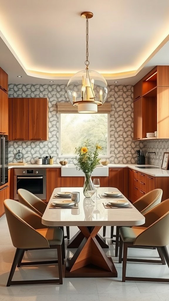 A modern kitchen featuring wooden cabinetry, a large dining table, and stylish lighting.