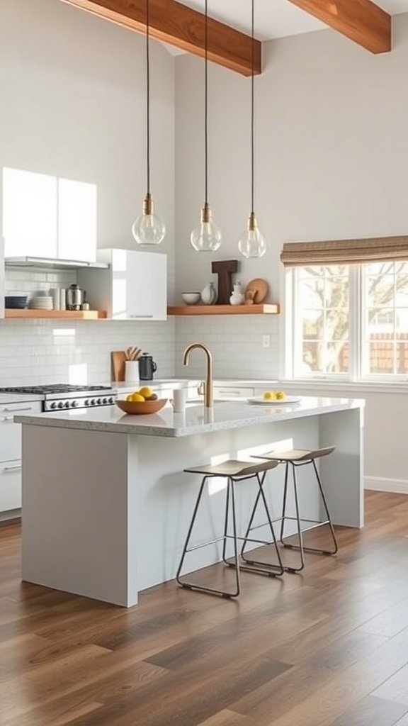 Modern kitchen with a peninsula featuring minimalist stools, wooden floors, and pendant lighting.