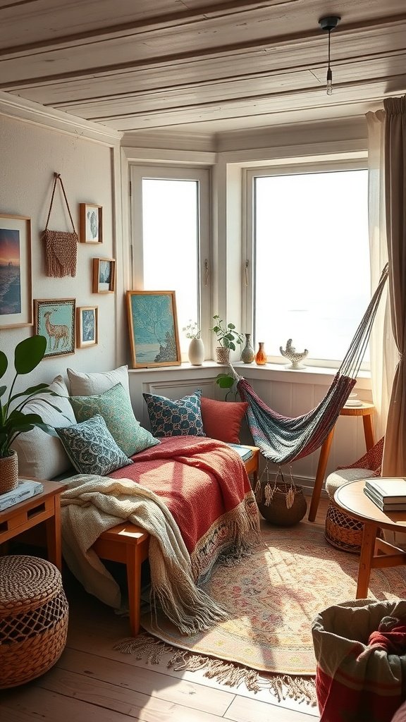 A cozy Boho nook with a daybed, colorful pillows, a hammock, and natural elements like plants and woven baskets.