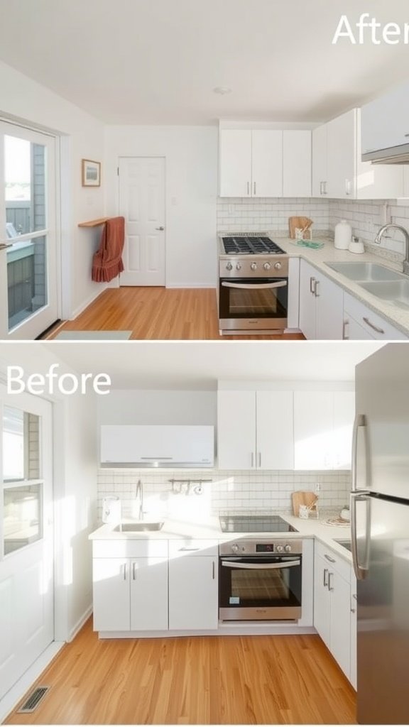 Before and after kitchen remodel showing a transformation from a cramped space to a bright, modern kitchen
