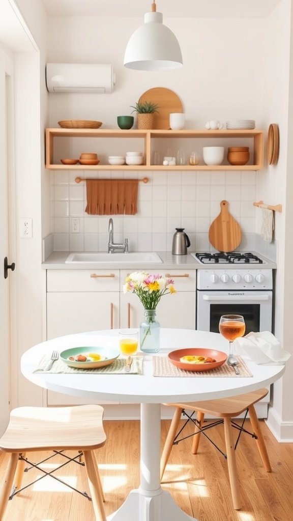 A small kitchen featuring a round breakfast table set for two with colorful plates, drinks, and flowers.