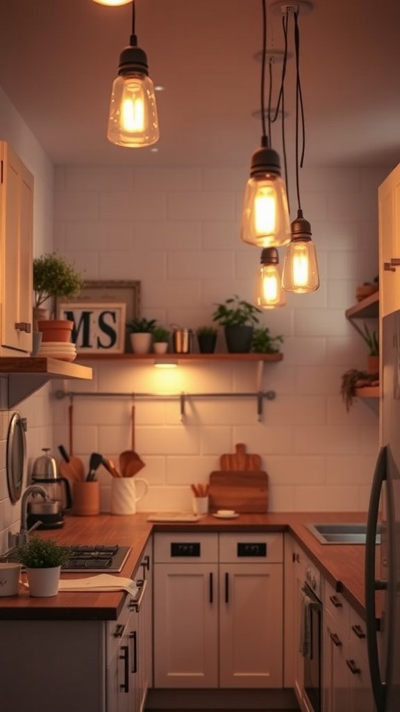 Cozy tiny kitchen with pendant lights and wooden countertops