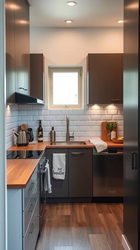A contemporary tiny kitchen with dark cabinets, wooden countertops, and a small window
