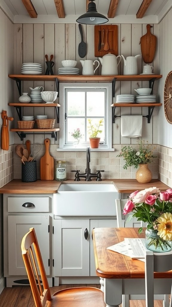 A cozy country style kitchen with wooden shelves, a farmhouse sink, and a small dining table with flowers.