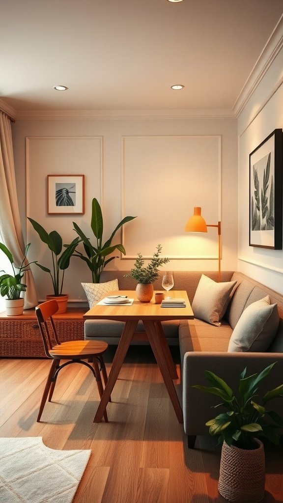 Cozy living dining room combo with a corner sofa, small table, and plants