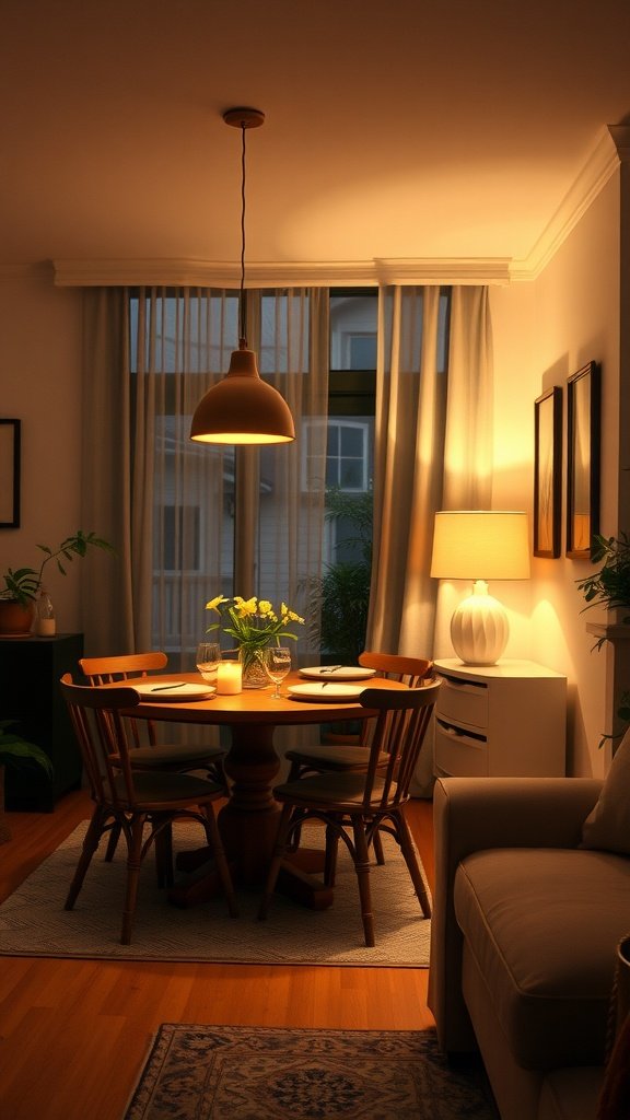 Cozy dining area with warm lighting, featuring a round table set for dinner, surrounded by wooden chairs, a floor lamp, and potted plants