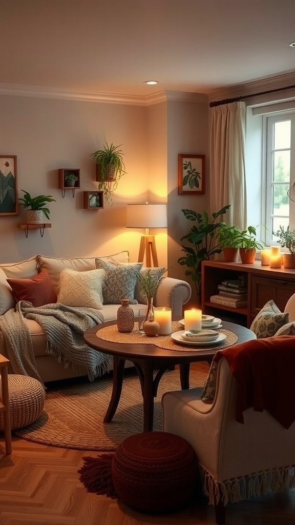 A cozy living dining room combo with soft lighting, candles, plants, and comfortable furniture creating a warm atmosphere.