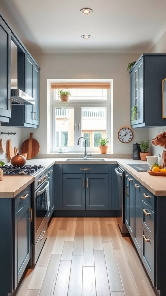 A small kitchen featuring blue cabinets with light countertops and wooden flooring.