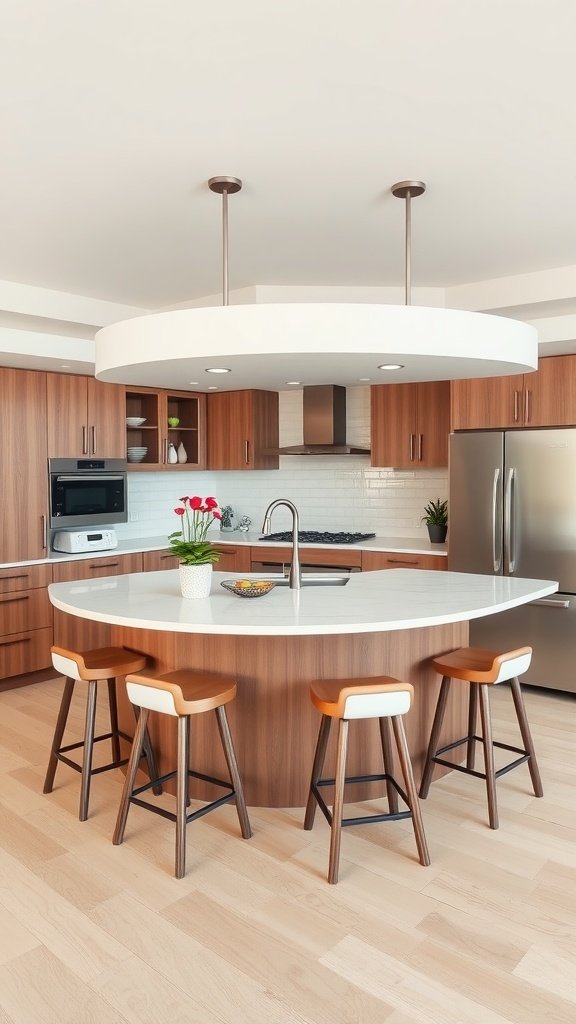 Modern kitchen with a large peninsula featuring a white countertop and wooden cabinets