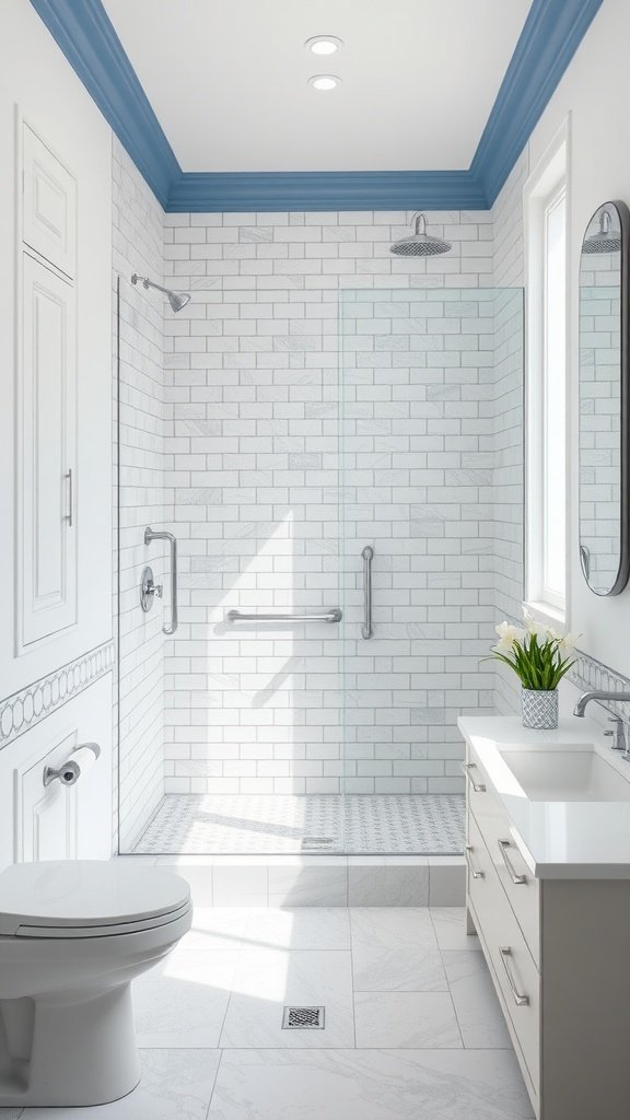 Traditional white and blue bathroom featuring a walk-in shower, modern vanity, and elegant design elements.