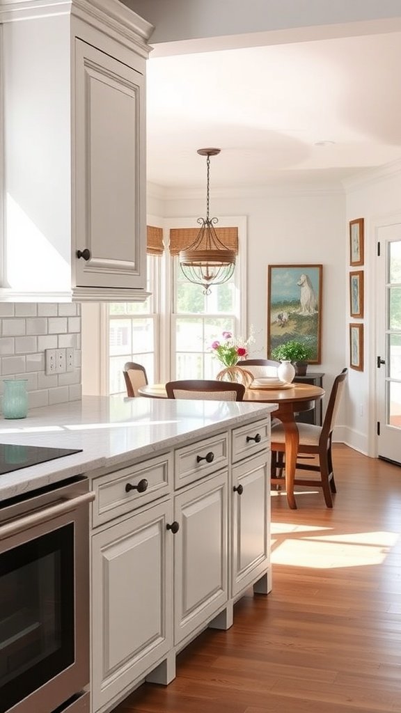 A bright kitchen featuring traditional white cabinets, wooden dining table, and decorative wall art.
