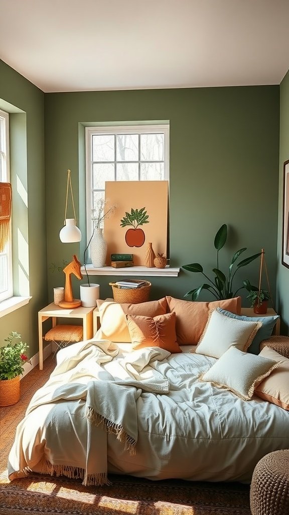 A serene bedroom featuring green walls, terracotta accents, and cozy decor.